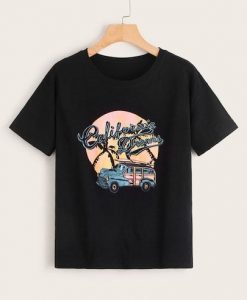 Letter And Car Black T Shirt ER30