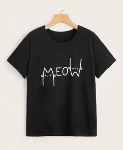 Letter And Cat Print Tee black T-shirt ER30