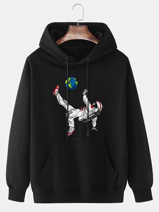 Mens Astronaut Planet Print Kangaroo Pocket Drawstring Hoodies TPKJ3